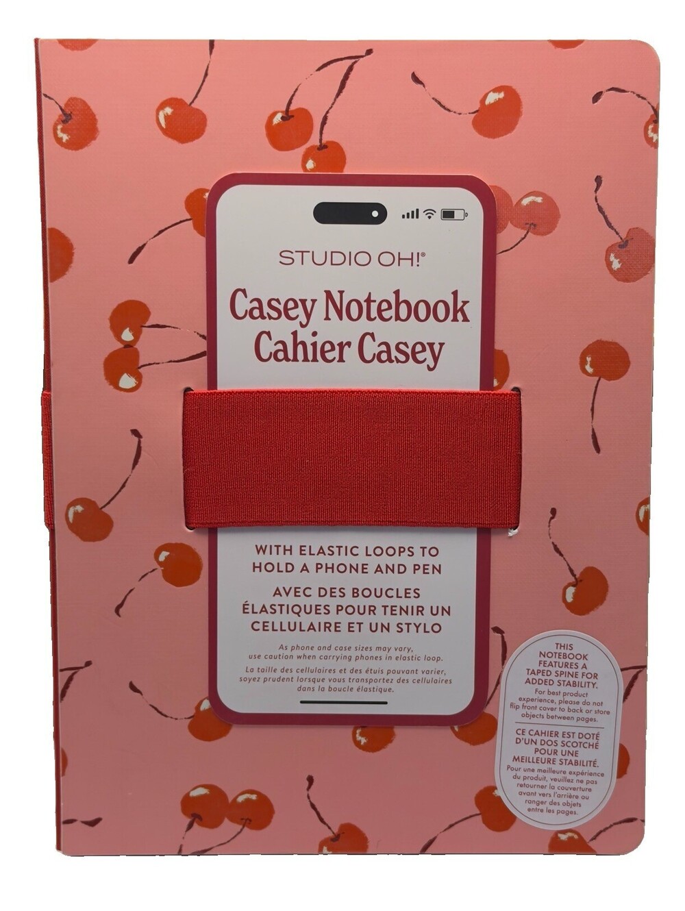 Studio Oh! Casey Hardcover Notebook W/ Phone & Pen Holder Cherries 192 Lined Pg.